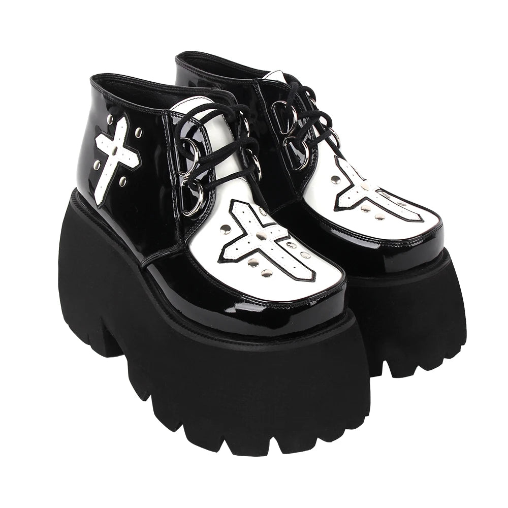 Angelic Imprint New Women's Punk Style Chunky Platform Shoes - Slip-On with Laces and Cross Printed Details