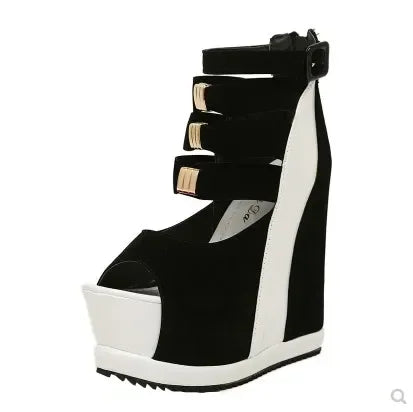 Women's Summer Platform Sandals with Genuine Leather, Thick Soles, Wedges, High Heels (14cm), Peep Toe, Mixed Colors - Sexy Shoes