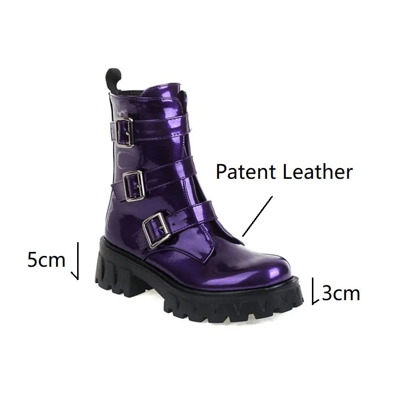 Chunky Heels Motorcycle Buckle Boots for Women | Patent Leather | Black & Purple | Flat Platform Ankle Boots | Ladies Thick Sole