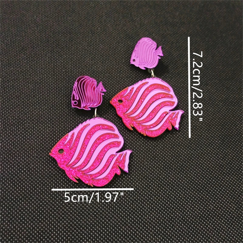 Striped Tropical Fish Summer Mirror Earrings for Women - Acrylic Glitter Blue Hot Pink Cute Jewelry Fashion Accessories by KUGUYS