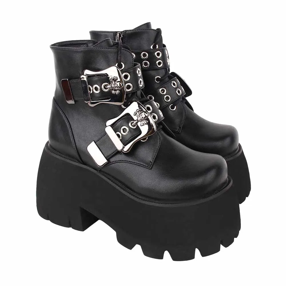 Angelic imprint Women Gothic motorcycle punk dark boots lady ankle Boots woman high heels pumps platform shoes skull lace up 558