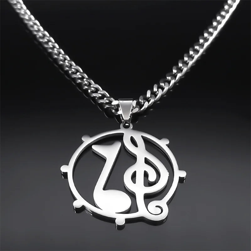 Stainless Steel Musical Note Pendant Necklace for Women and Men, Hip Hop Rock Music Band Jewelry