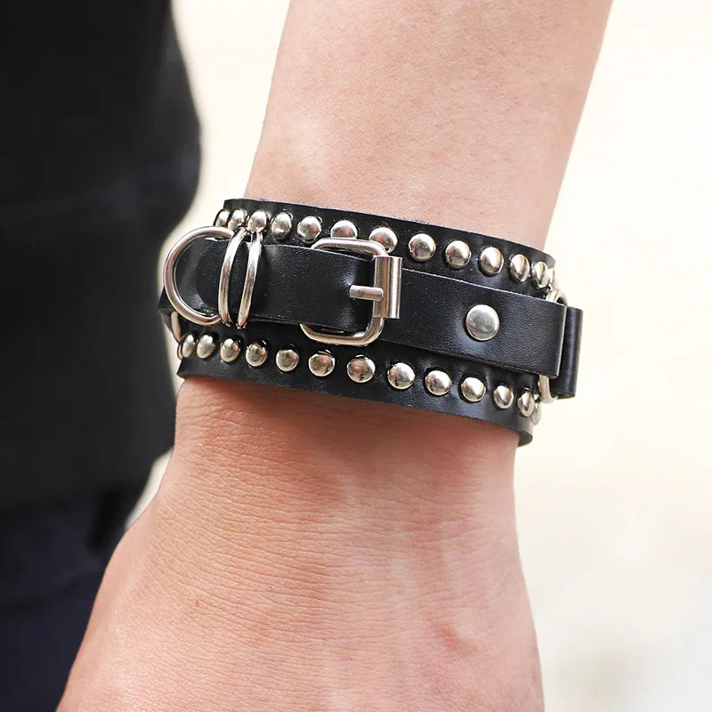 Black Leather Wristband Bracelet Cuff Goth Gothic Punk Bracelets Women Men Spikes Rivet Stud Bangle Cosplay Rock Unisex Jewelry