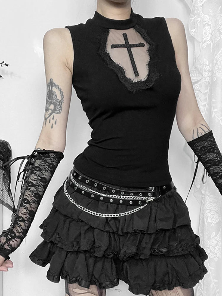 Y2K Goth Black Lace Tank Top | Sexy Vintage Cross Corset Crop Top for Women | Summer Sleeveless Tees Streetwear