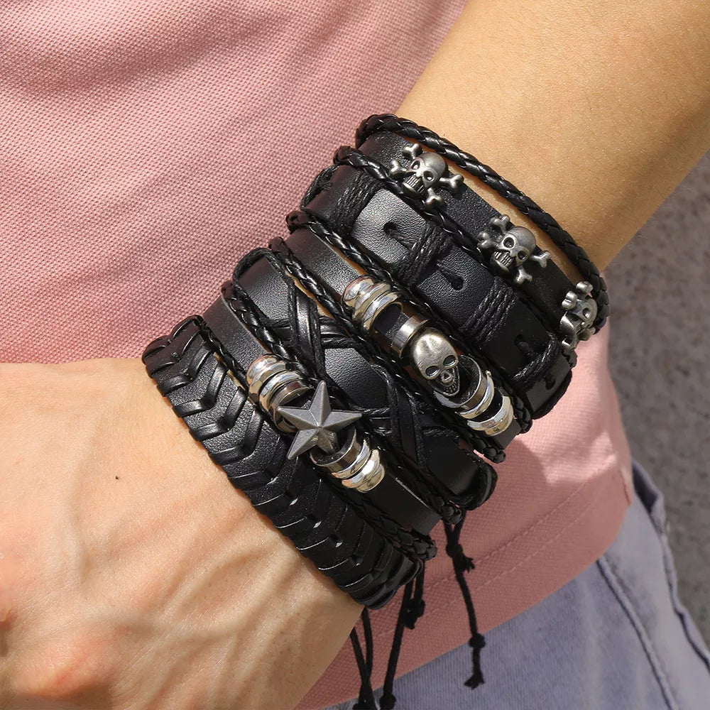 Men's Viking Skull Bracelet - Fashion Woven Leather Hand Jewelry, Adjustable Set