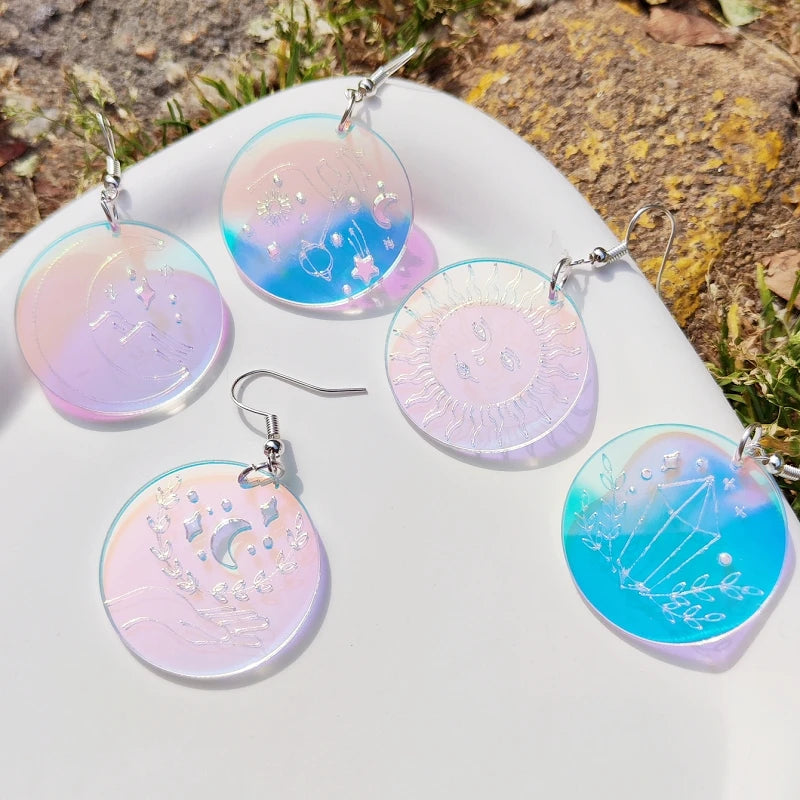 Vintage Round Circle Women's Dangle Earrings - Holographic Earth Moon Sun Iridescent Jewelry Acrylic Accessories by KUGUYS