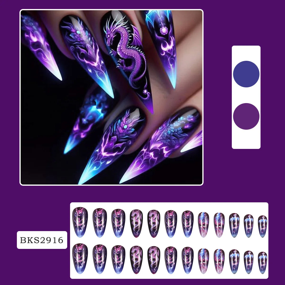 Dark Press-On Nails – Short/Medium Almond Fake Nails with Dragon, Purple Bat, and Water Drop Abstract Designs, Glossy Acrylic Nails