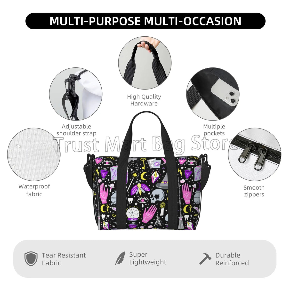 Magic Witchy Goth Sports Gym Bag Travel Luggage Overnight Bags for Men Women Duffel Bags with Adjustable Strap for Traveling