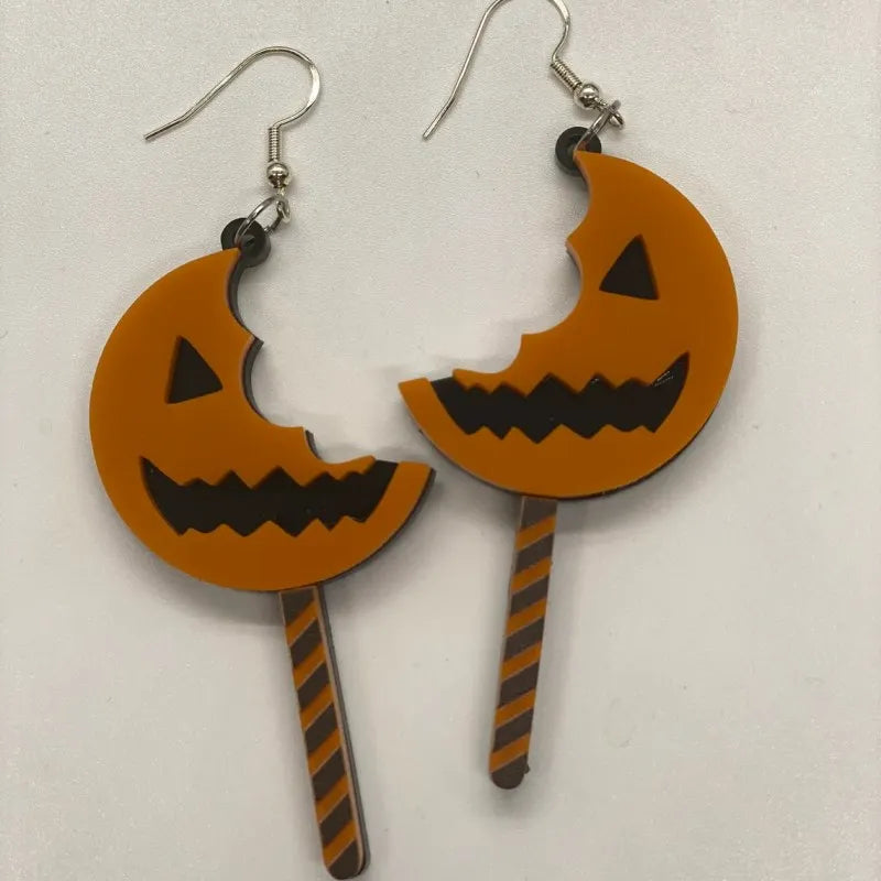 Gothic Halloween Pumpkin Lollipop Drop Earrings – Funny Ghost & Bat Acrylic Earrings, Hiphop Jewelry Gifts for Women