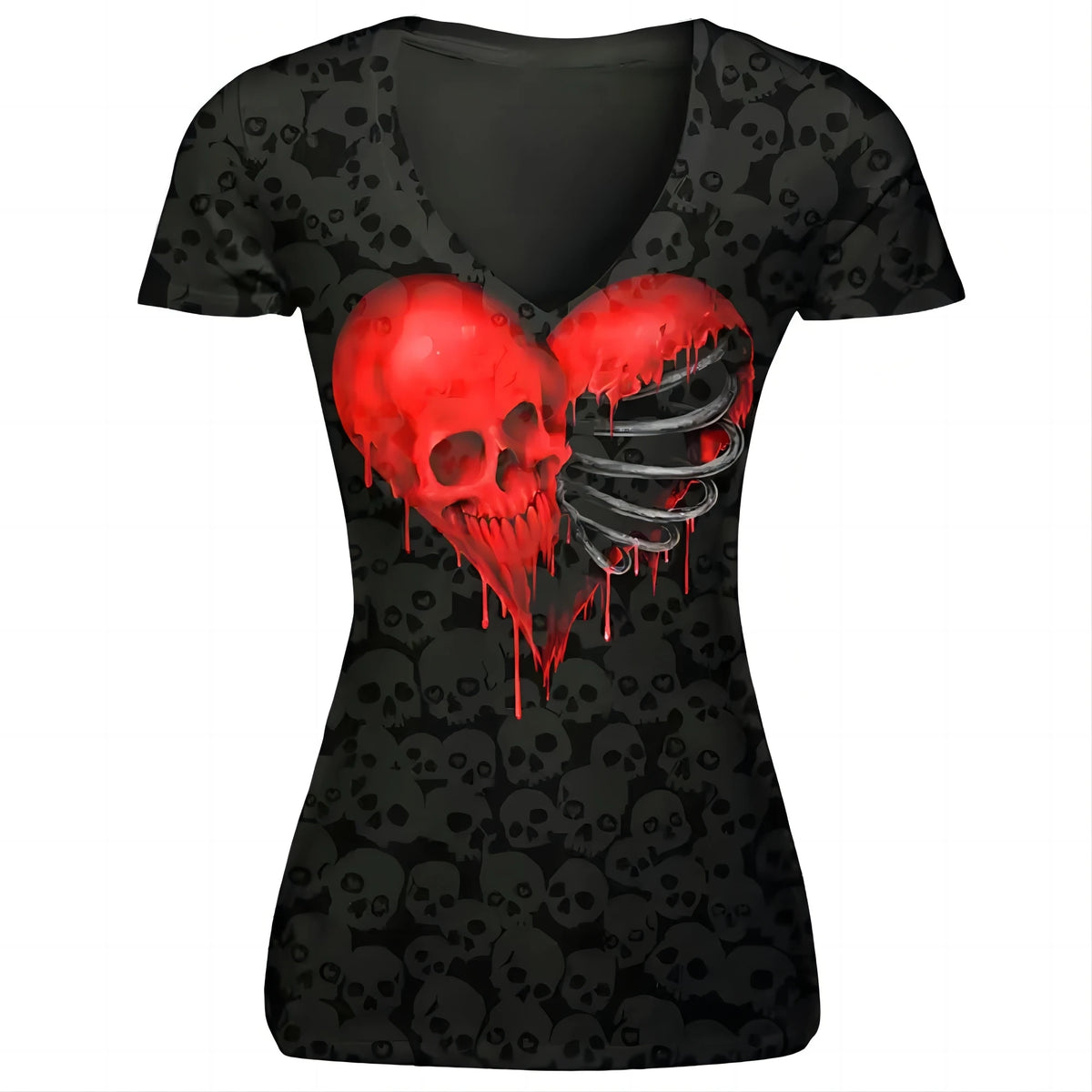 T-shirt Women Casual Comfortable V-neck Shirts Women Top Tees Red Mouth Black Skull Prints Short Sleeve