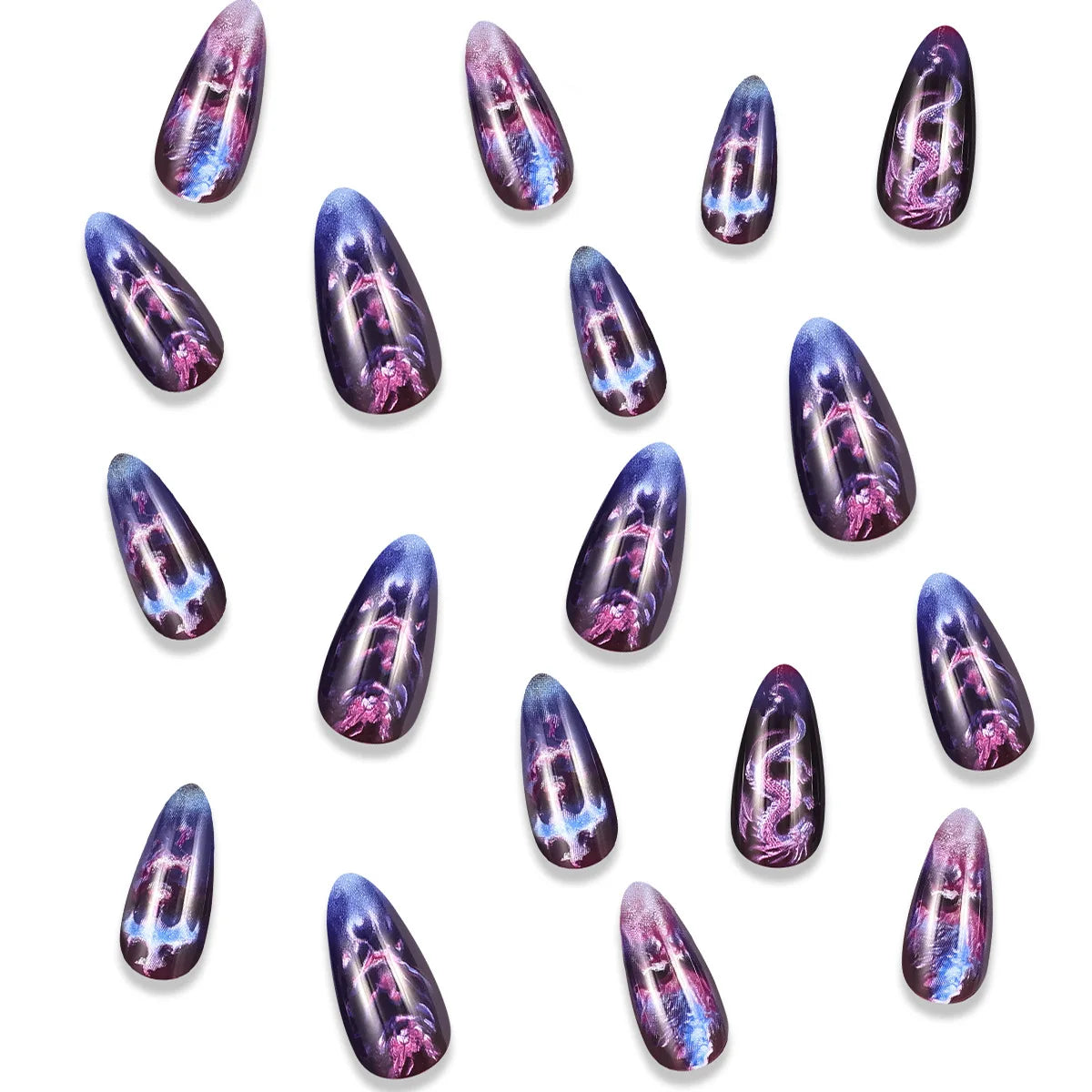 Dark Press-On Nails – Short/Medium Almond Fake Nails with Dragon, Purple Bat, and Water Drop Abstract Designs, Glossy Acrylic Nails