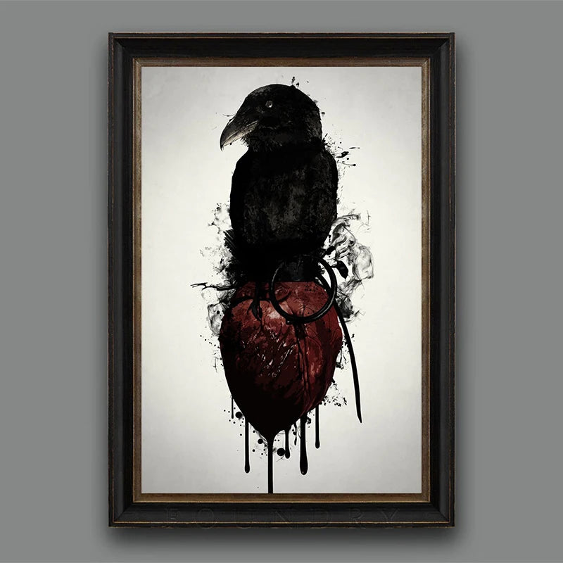 Raven and Skull Heart Grenade Poster - Black and White Crow Canvas Wall Art, Goth Aesthetic Decor