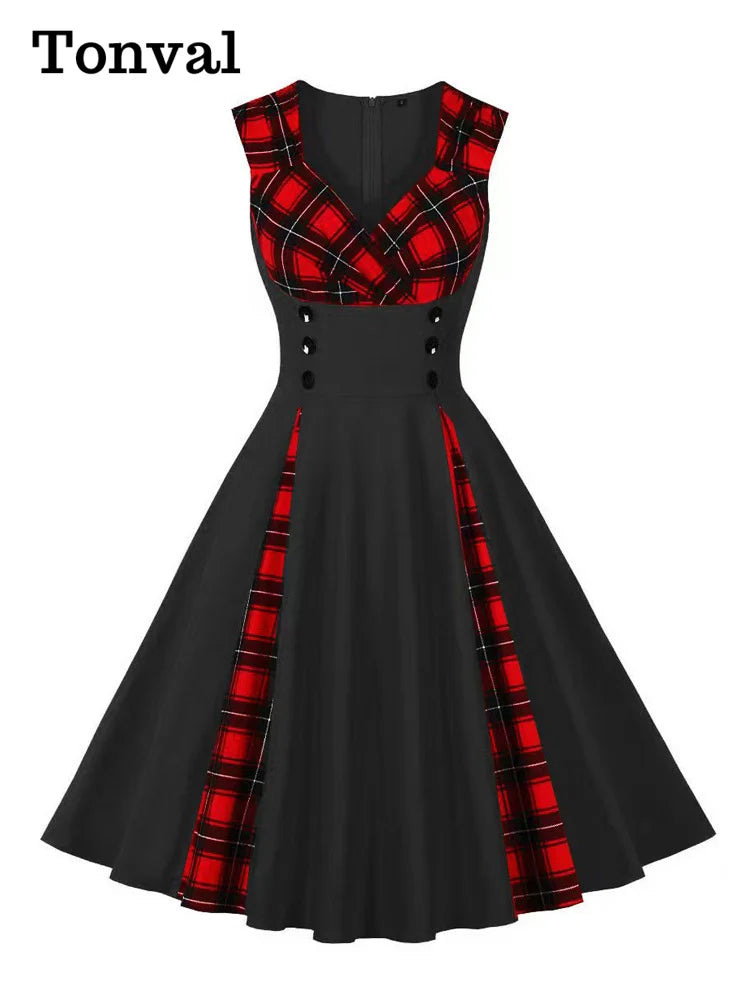 Tonval Black and Tartan Sweetheart Neck Double Breasted 50s Dress - Women's Sleeveless Summer Cotton Rockabilly Vintage Dress