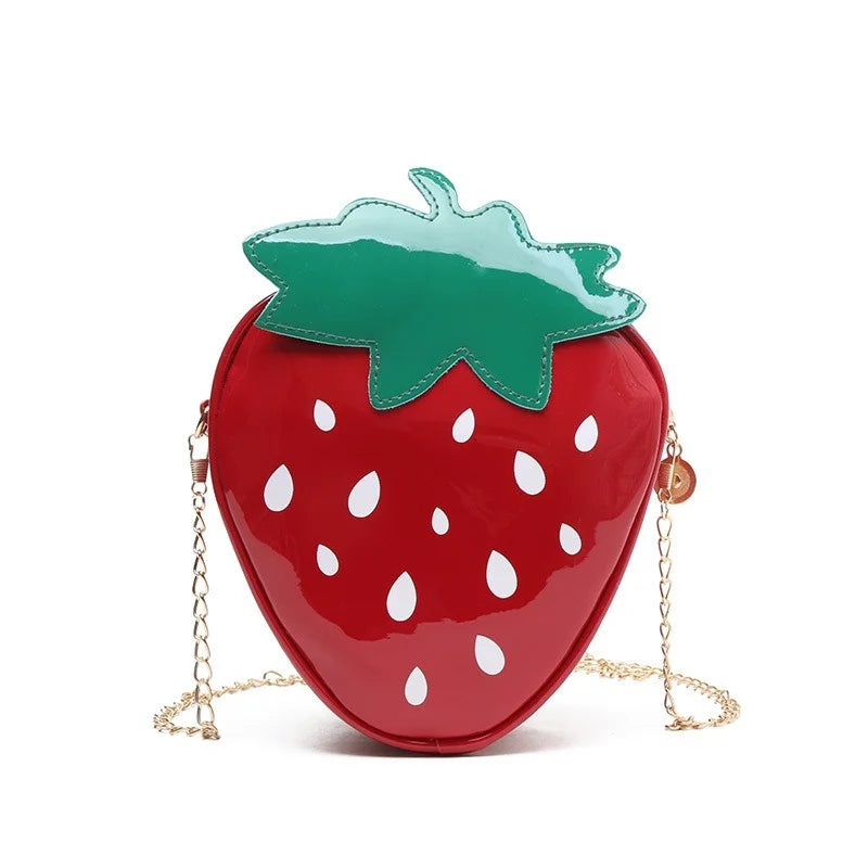 Strawberry Shaped Fun Novelty 3D Zip Closure Crossbody Bag With Chain Strap