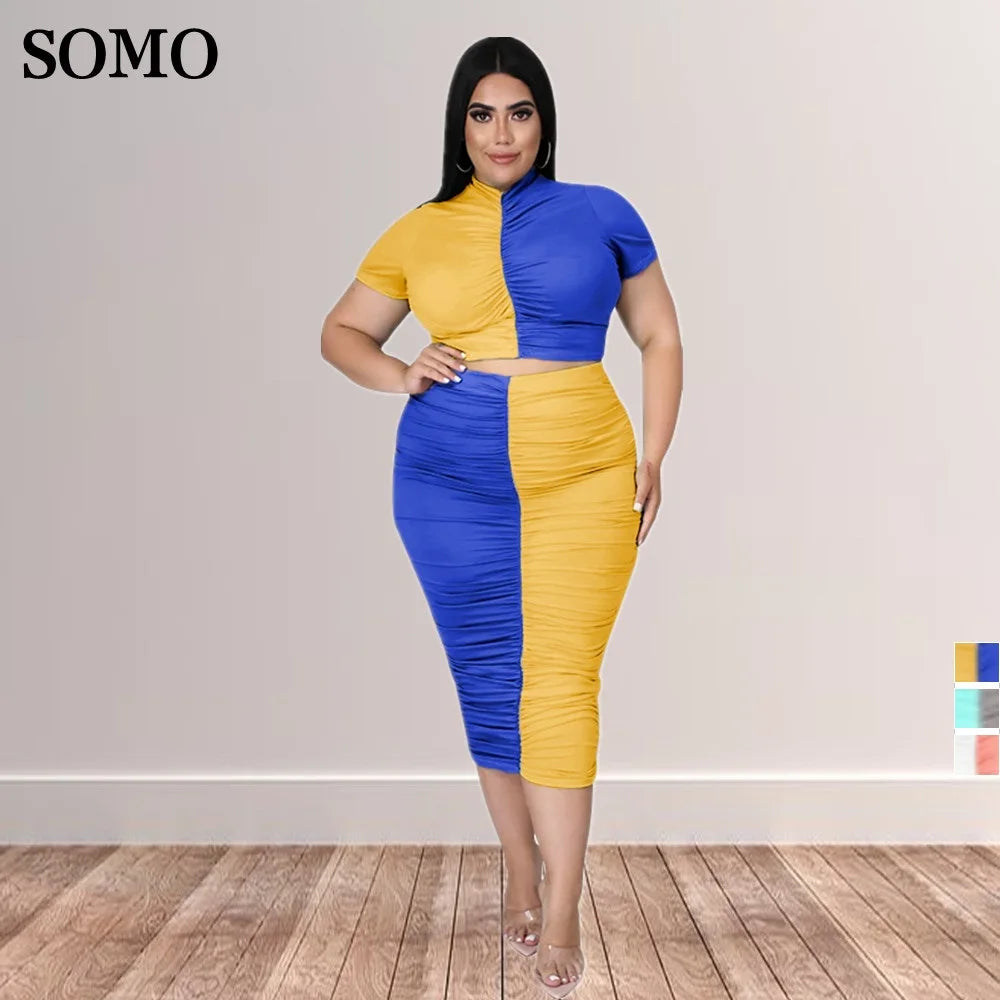 Plus Size Women's Clothing: Rouched Summer Outfits with Short Sleeve Crop Top and Midi Skirt Two-Piece Set