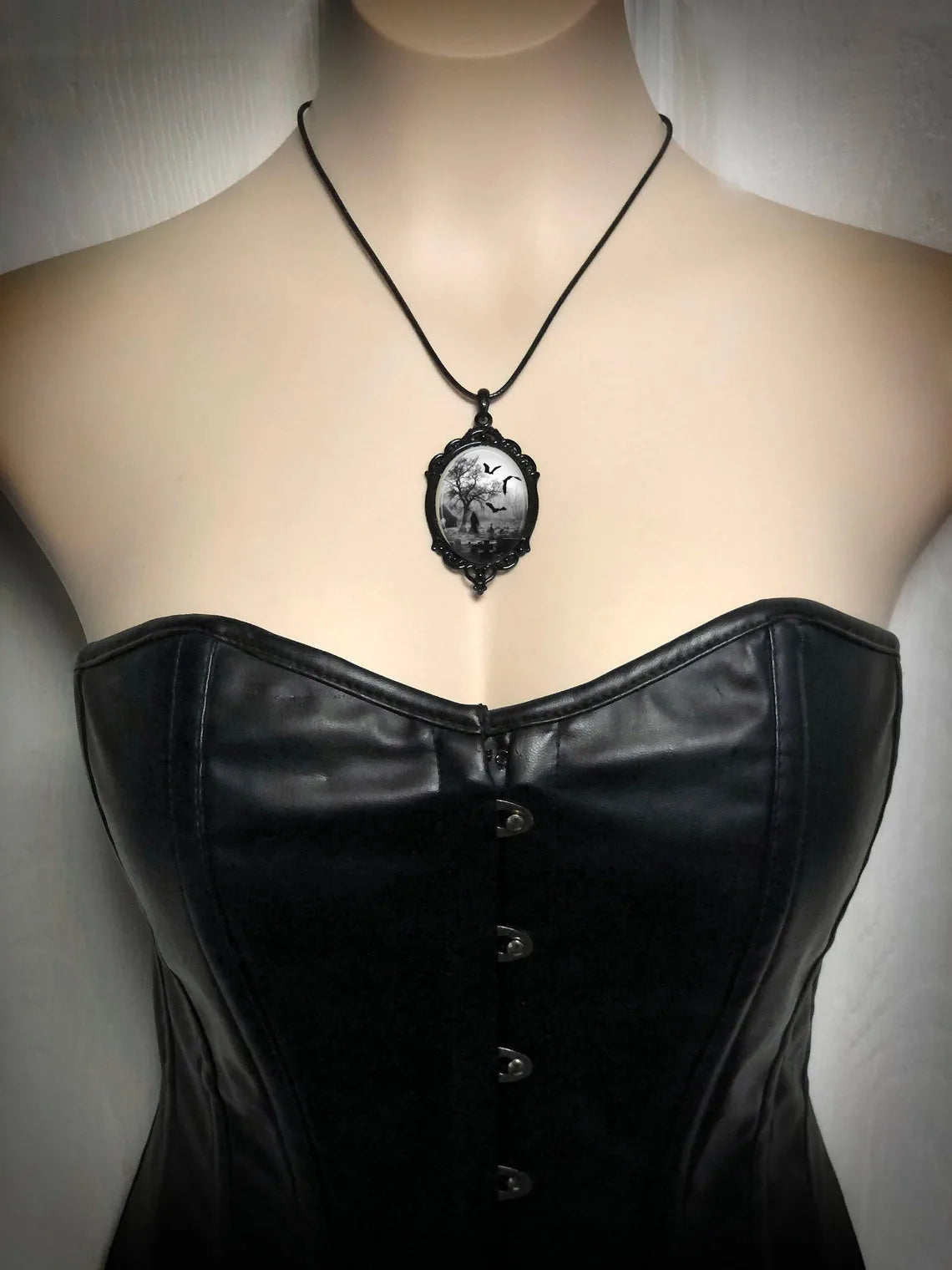 Gothic Cemetery Cameo Necklace - Victorian Black Grim Reaper Death Pendant Jewelry with Graveyard Bats, Halloween Chokers