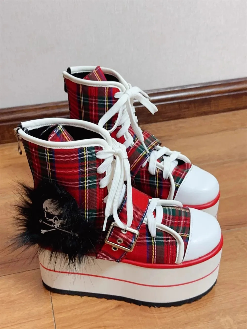 Women wasteland punk short Boots woman high Heels pumps Lady Dress party shoes round toe red plaid canvas customized shoes skull