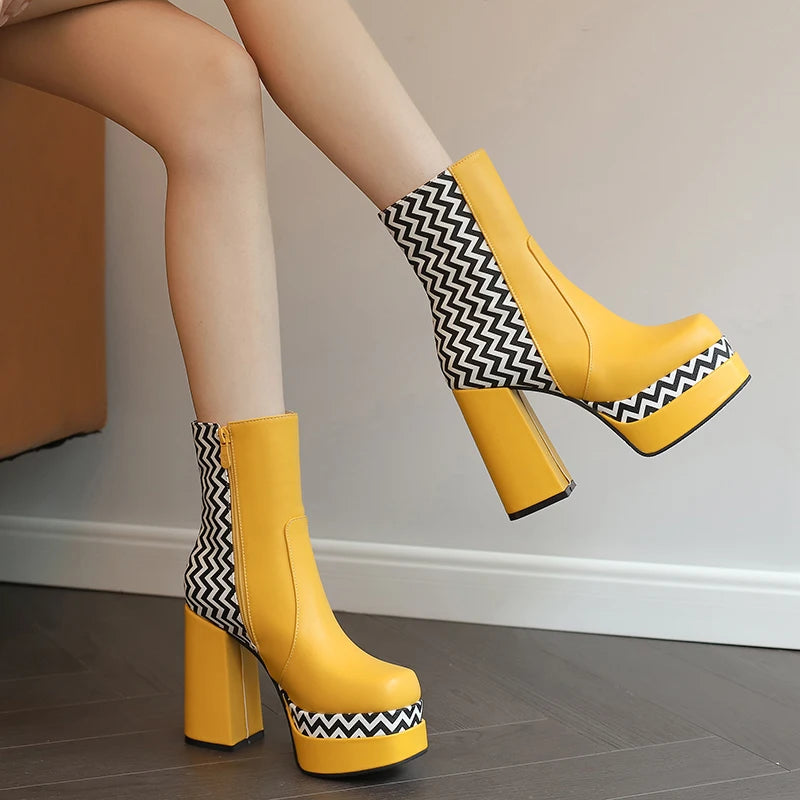 Printed Stripe Color-Matching Short Boots – Korean Style Platform Boots with Super High Thick Heels for Women