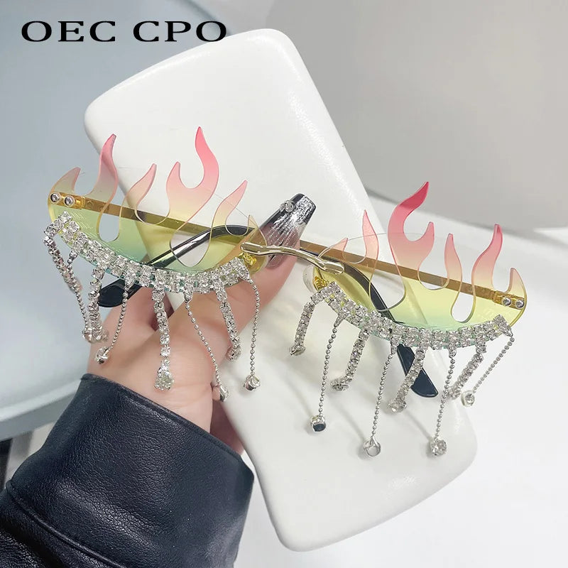 Fire Flame Sunglasses – Women’s Luxury Rhinestone Fashion Rimless Eyewear, Wave Shades, Shiny UV400 Sunglasses