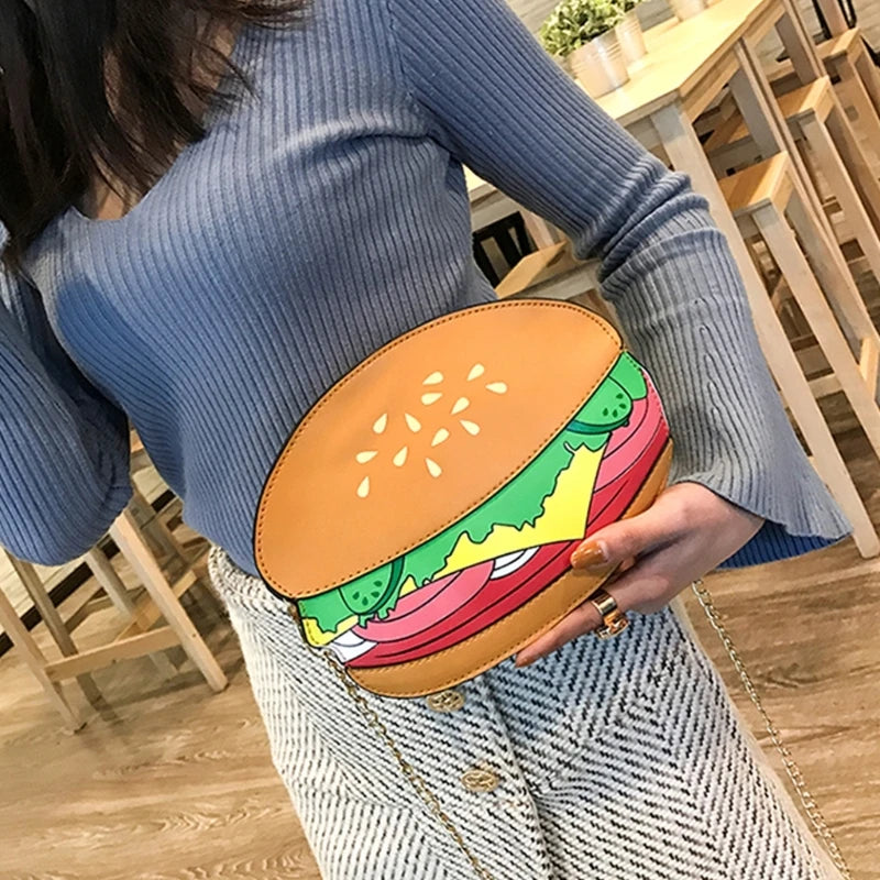 Fun Foodie Fashion 3D Novelty Fashion Crossbody Handbag With Chain Strap - Popcorn, Cheeseburger And French Fries