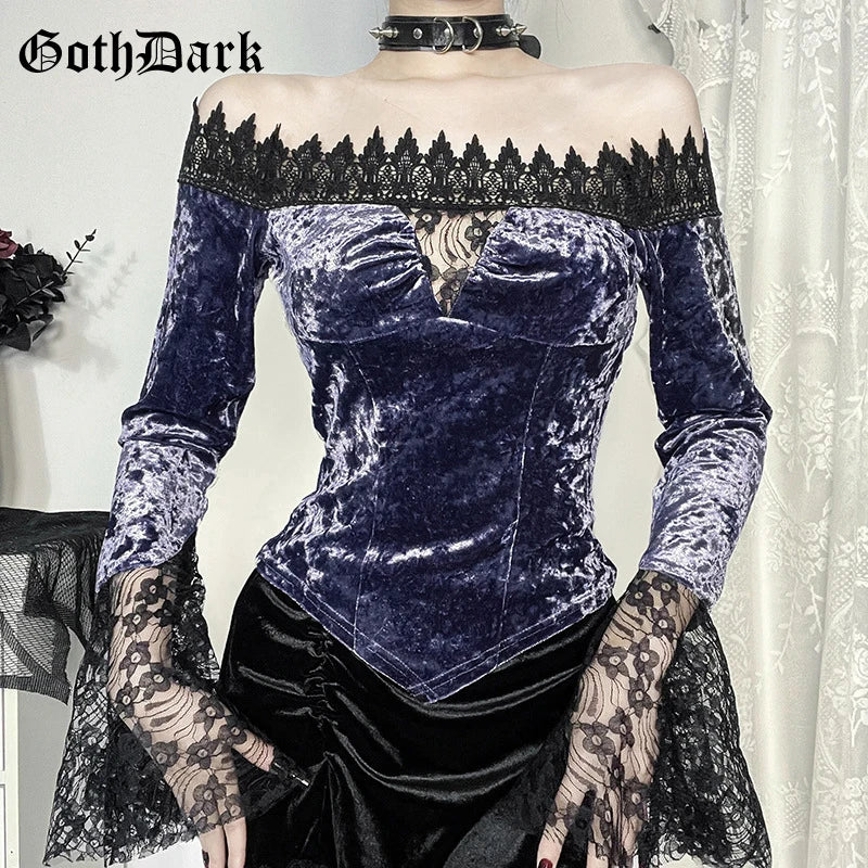 Goth Dark Lace Patchwork Velvet Crop Top – Slim Gothic Slash Neck Pullover Blouse for Autumn/Winte