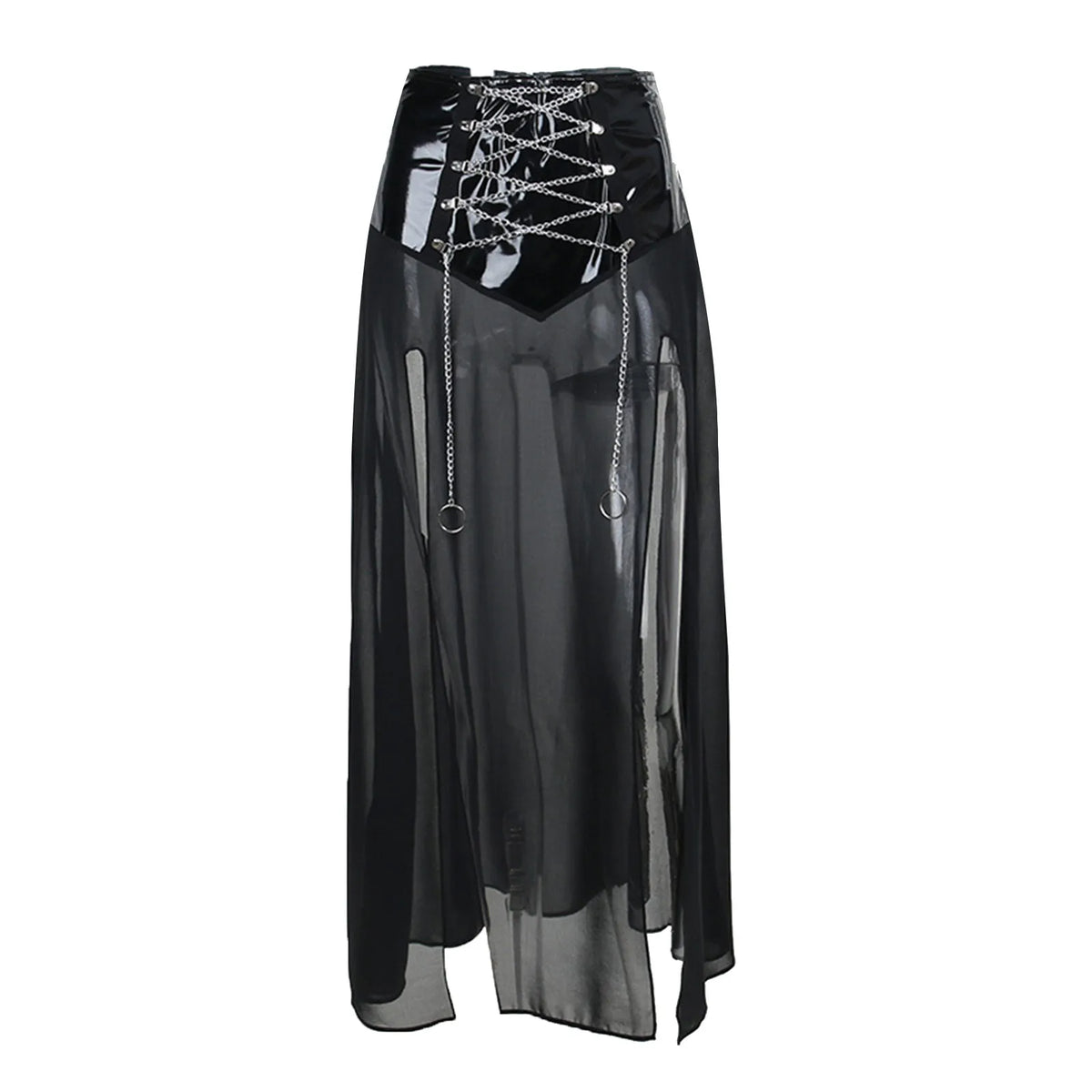 Women Fashion Gothic Long Skirt Mesh See-Through Cross Chain Strappy Skirt Dark Style Side High Slit Skirt Faux Leather Skirt