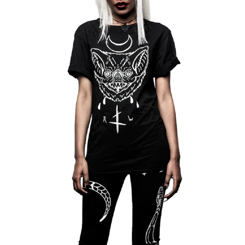 Dark Gothic Shirt for Women – Short Sleeve Black T-Shirt with 2024 Blood Thirsty Batface Print, Punk Summer Top