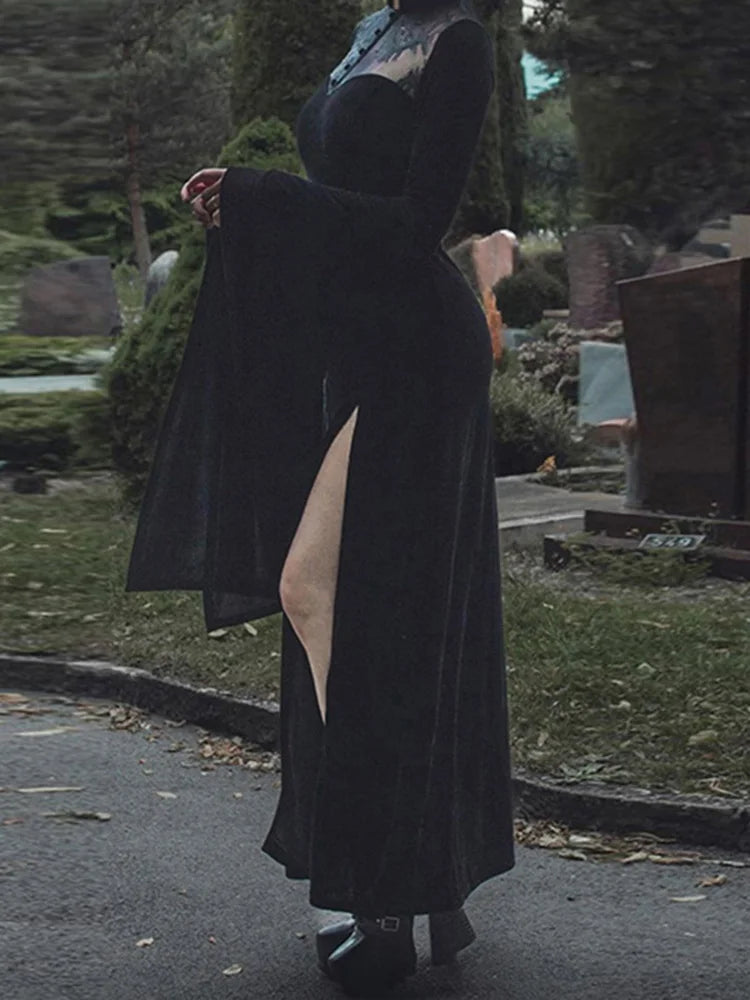 AltGoth Halloween Velvet Gothic Dress - Vintage Lace Flare Sleeve Witch Party Dress for Women