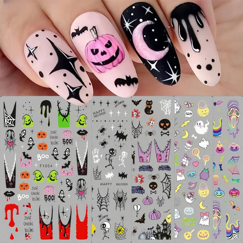 Halloween Kawaii Cartoon Cat Nail Stickers – Y2K Skull Bat Pumpkin Decal Kit for Nail Decoration Supplies