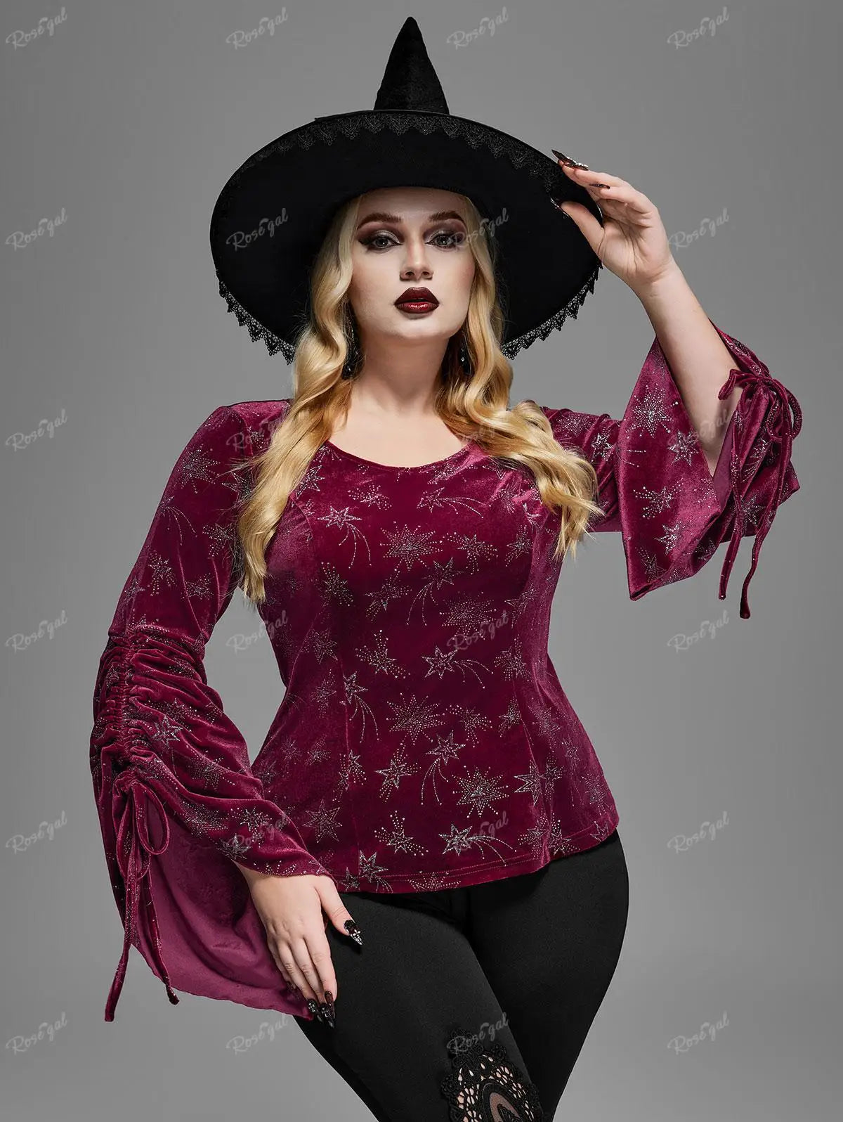 ROSEGAL Plus Size Gothic Velvet T-shirt For Women Spring Autumn Wine Red Blouses Star Printed Cinched Flare Sleeves Top