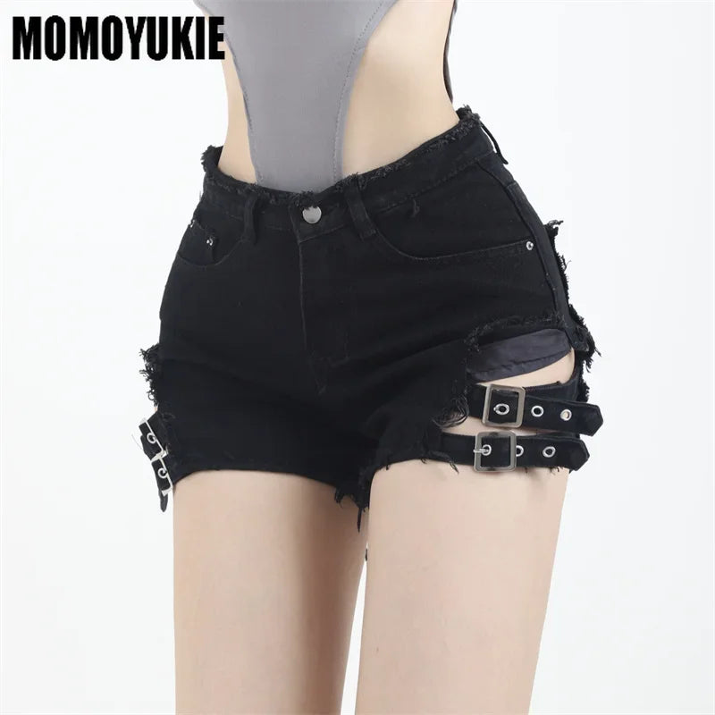 Vintage Trend High Waisted Irregular Denim Sexy Versatile Slimming Goth Rock Shorts