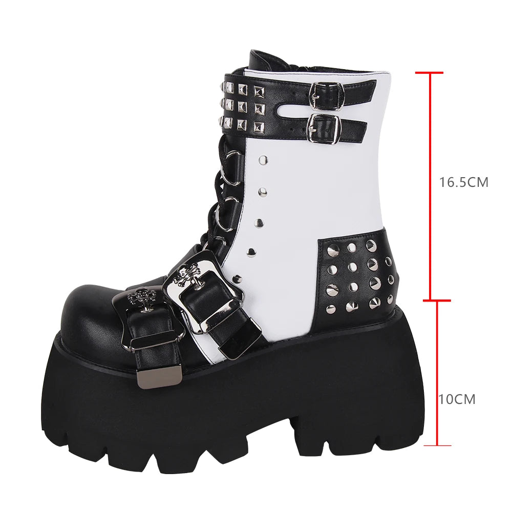 Women Gothic motorcycle Punk Dark Street Style boots lady short ankle customized Boots woman high heels pumps shoes black rivets