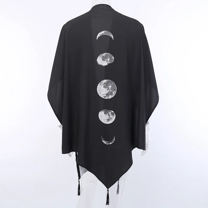 Gothic Black Retro Moon Print Loose Bat Wing Sleeved Cloak Jacket