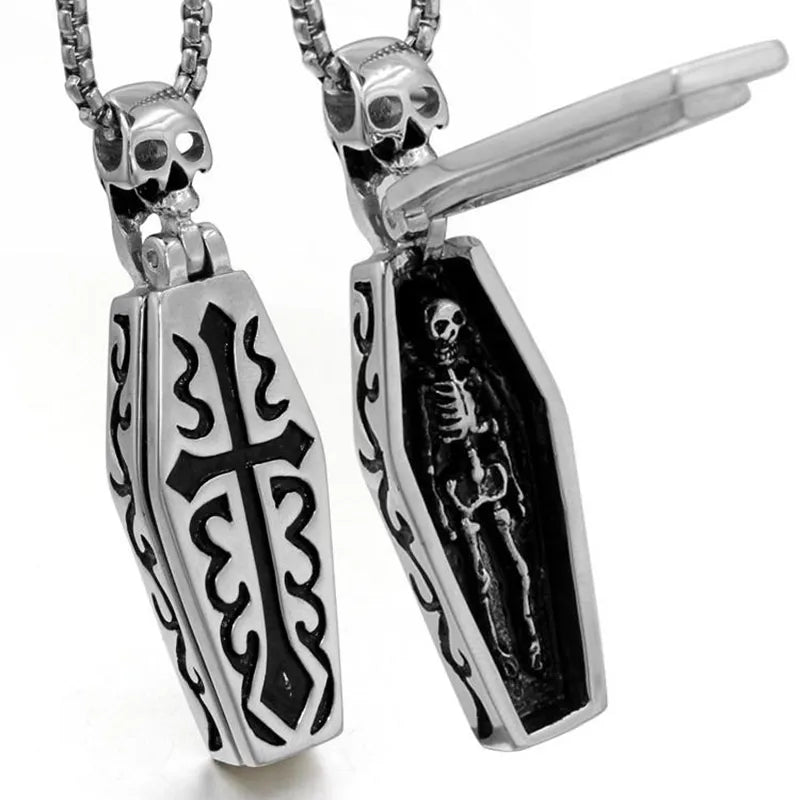 Vintage Men's Stainless Steel Steampunk Coffin Vampire Skull Skeleton Pendant Necklace Gothic Punk  Biker Jewelry Giftwholesale