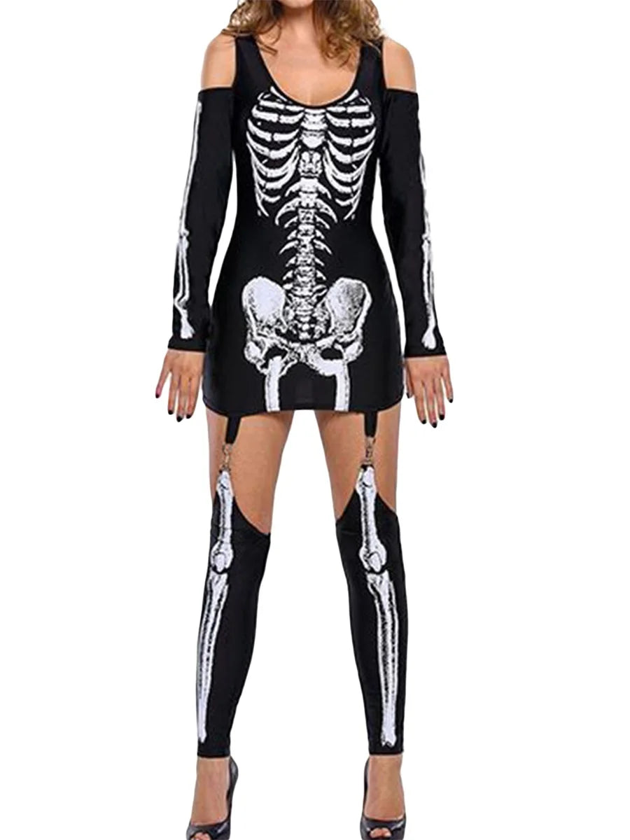 Women Halloween Sexy Ladies Costume Cold Shoulder Long Sleeve Scoop Neck Skeleton Printed Bodycon Mini Dress Sets with Stockings