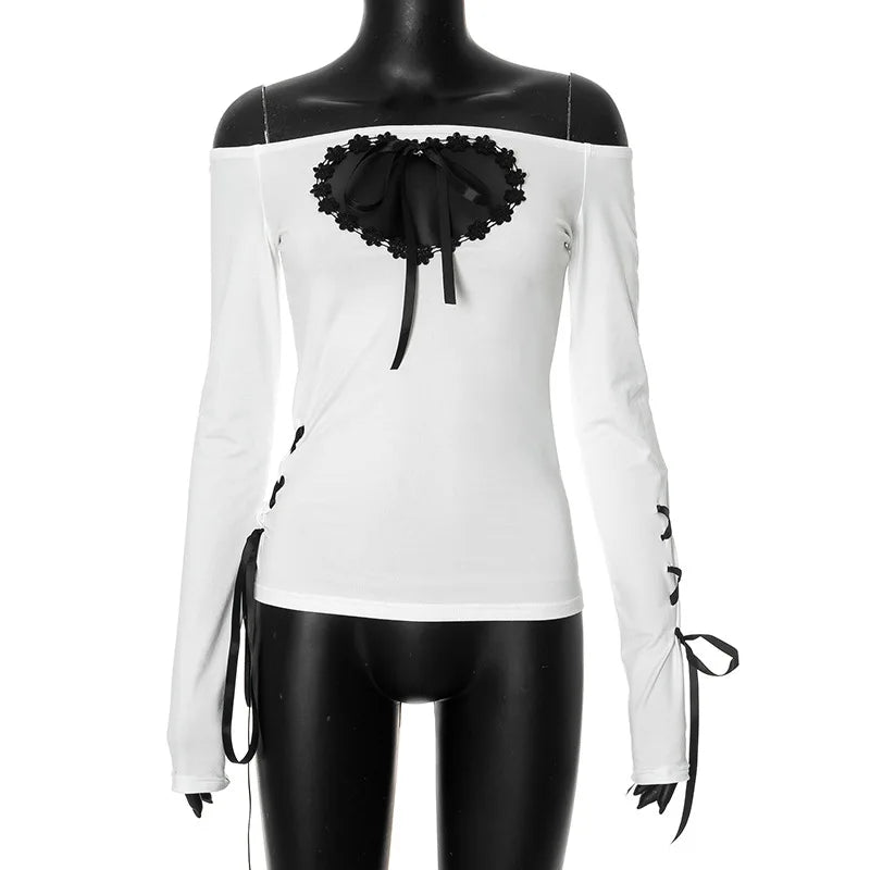 Goth Dark Y2K Heart Hollow Out Long Sleeve Top – Aesthetic Fairy Patchwork Bandage Slash Neck T-Shirt