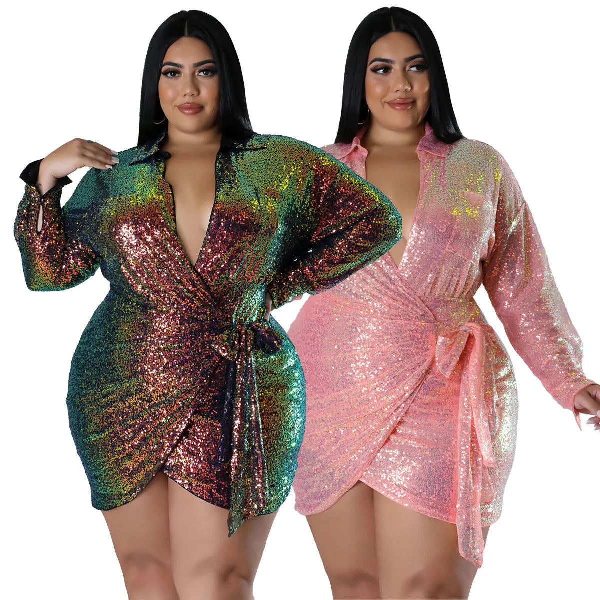 Sexy Sequin Nightclub Party Dress – Long Sleeve Plus Size Clothing, V-Neck Fashion Ladies Gown