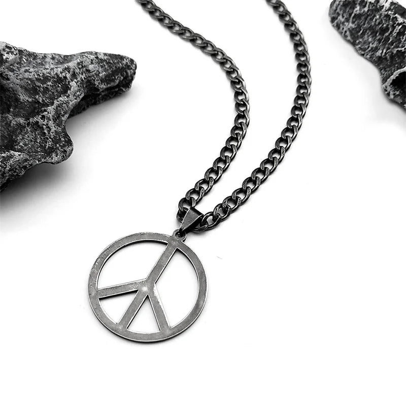 Goth Punk Peace Sign Symbol Pendant Necklace – Stainless Steel, Black Color, Hippie Charm for Women and Men, Party Choker Jewelry