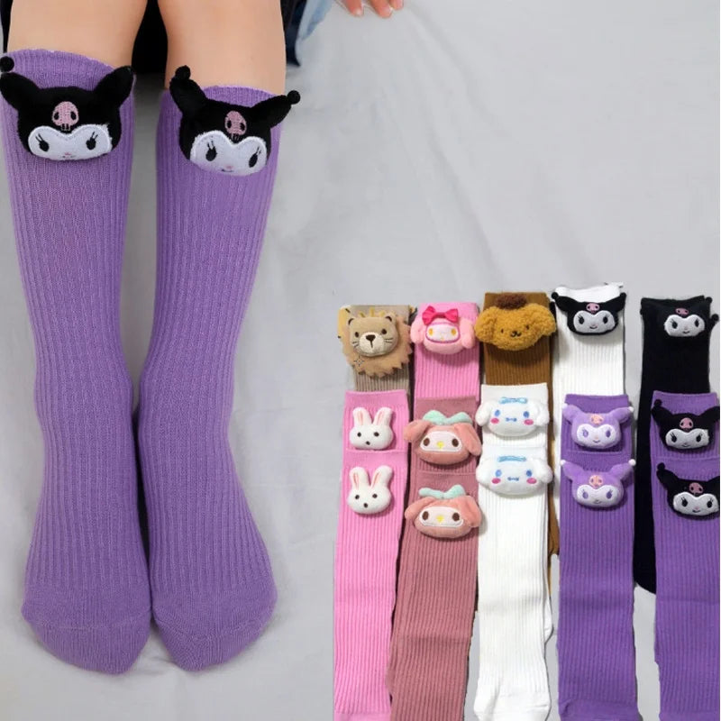 Cute Girls' JK College Style Lolita Knee-High Socks – Anime Kuromi, Melody, Cinnamoroll Designs