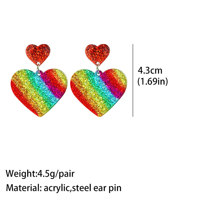 Rainbow Pride Month Earrings - Shining Heart-Shaped Love Acrylic Colorful Tassel Earrings for LGBTQ+ Festival and Parade