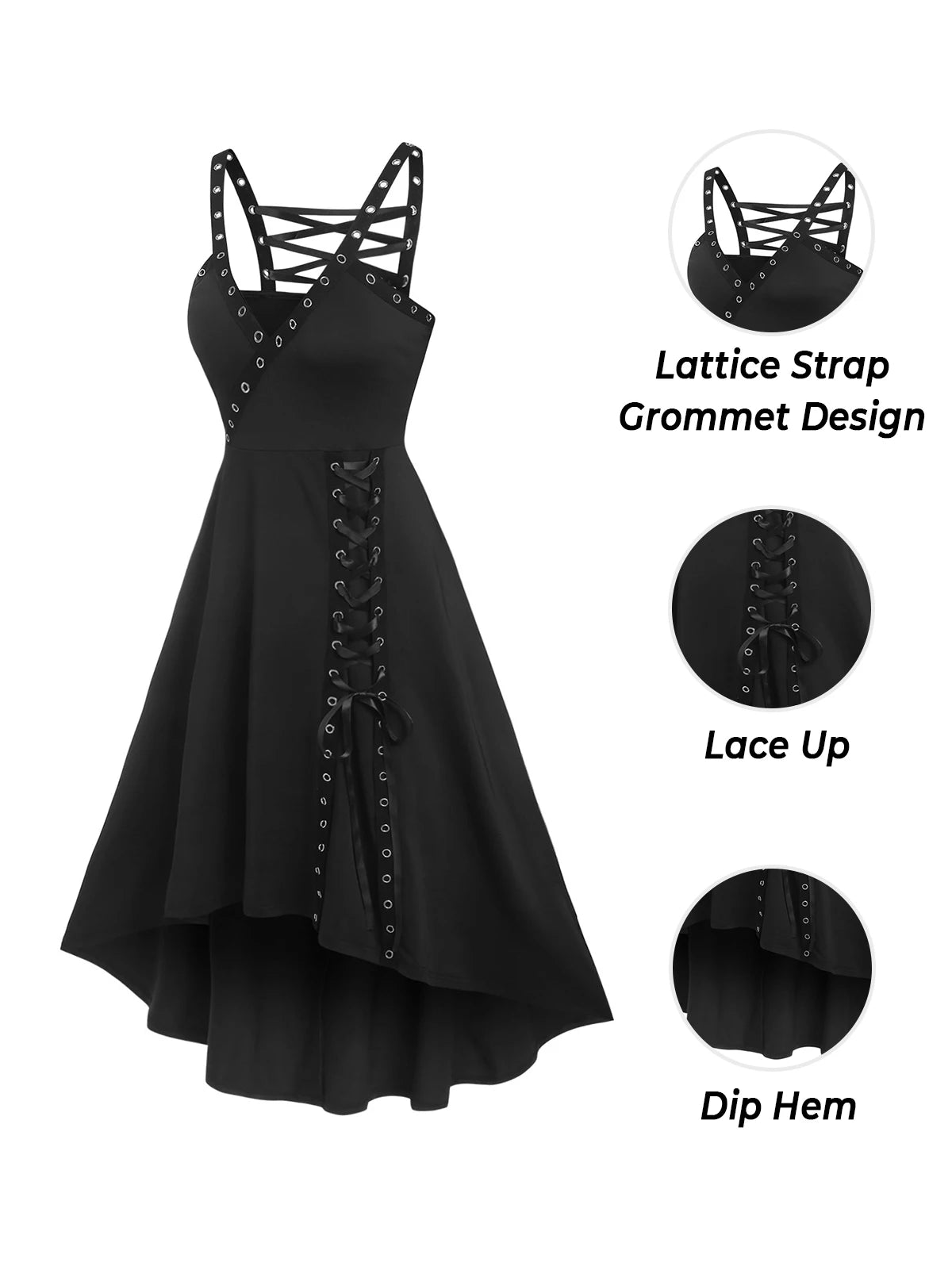 2024 Women's Black Gothic Dress – Eyelet Lace-Up, Surplice Plunging Neckline, High-Low Punk Sleeveless Midi A-Line Dress