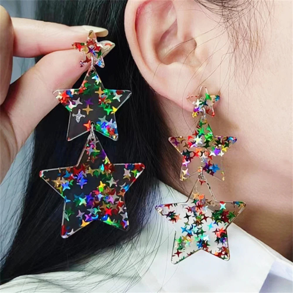 Triple Five-Pointed Star Earrings - Colorful Earstuds Spliced Acrylic Bohemian Hawaiian Shiny Jewelry