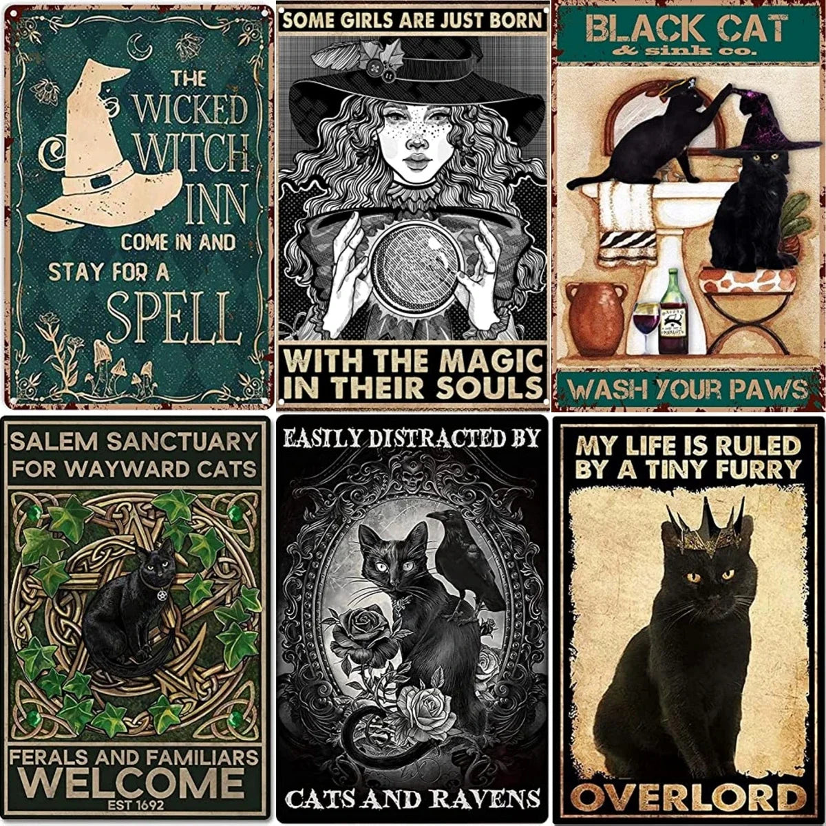 Vintage Witch Woman Black Art Poster - Halloween Black Cat Metal Tin Sign for Home Decor