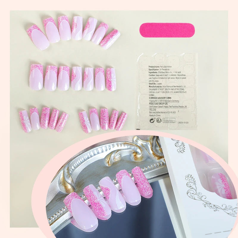 24pcs False Nails Pink Sparkling French Edge Ballerina Nails Detachable Fake Nails Full Cover Press on Nails DIY Nail Tips