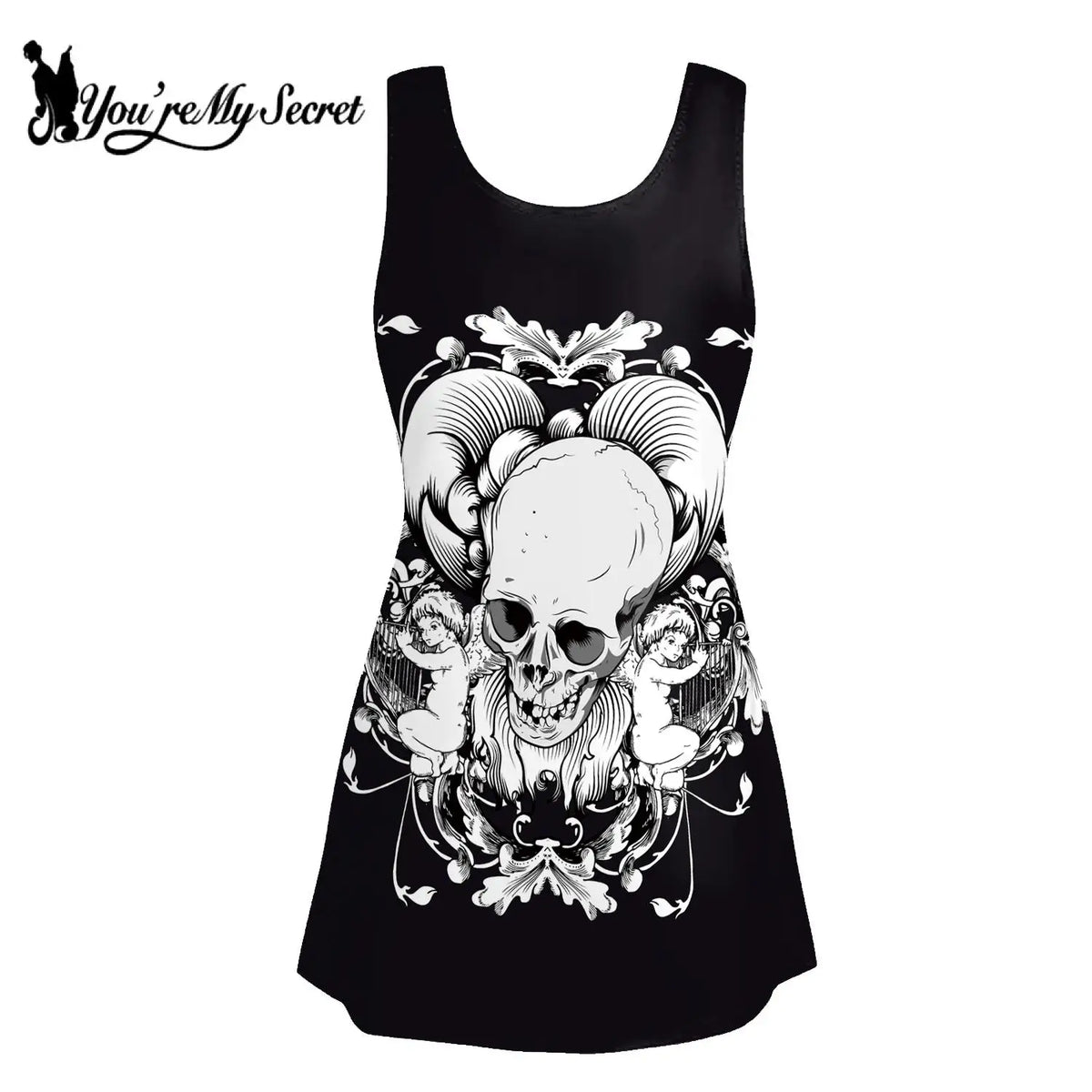 [You're My Secret] Gothic Black Skull Print Hallowmas Party Dress – Sexy Sleeveless Graphic Print Dress for Women