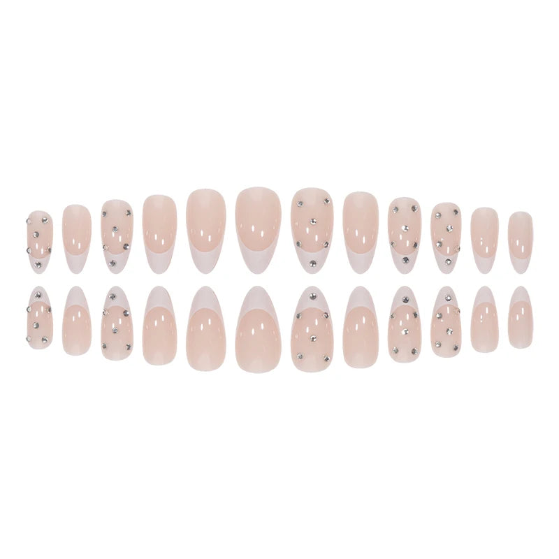 24 Long Almond White French Patterned 3D Diamond Gloss Fake Nails with 1 Nail File and Jelly Glue