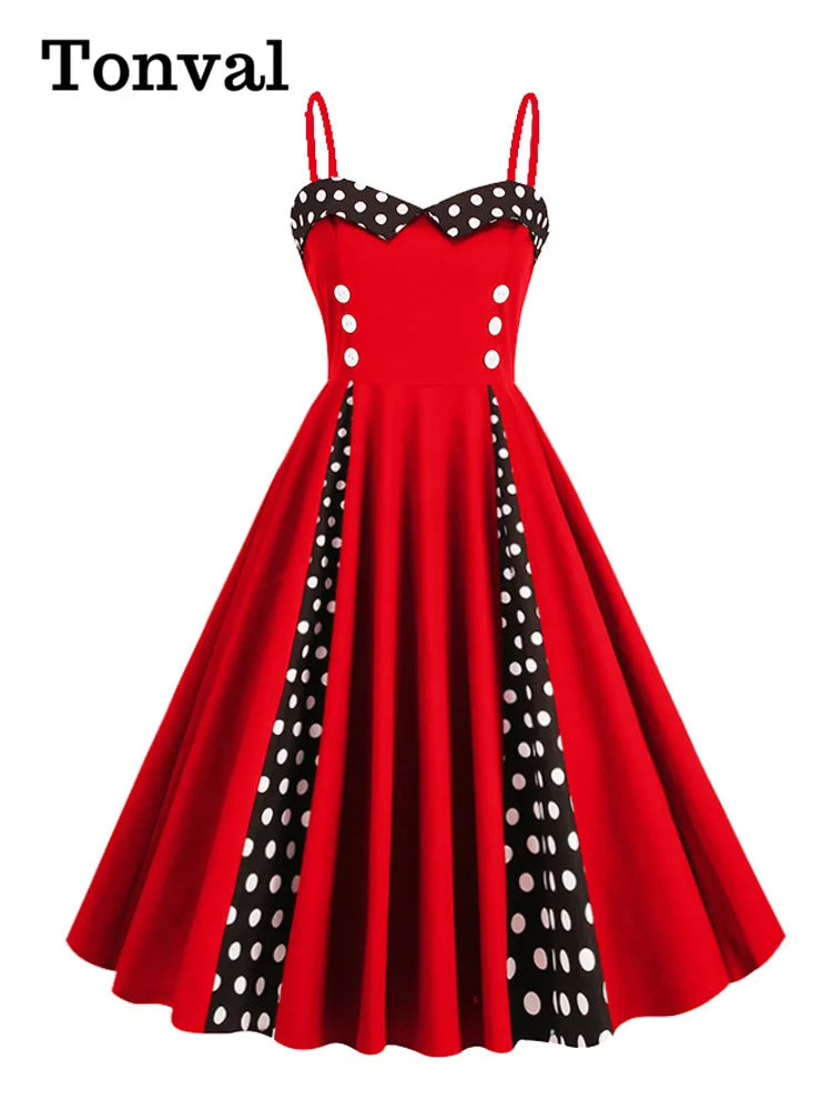 Tonval Sweetheart Neck Spaghetti Strap Double Breasted Long Dress - 50s Pinup Vintage Polka Dot, Perfect for Ladies' Sexy Party Looks