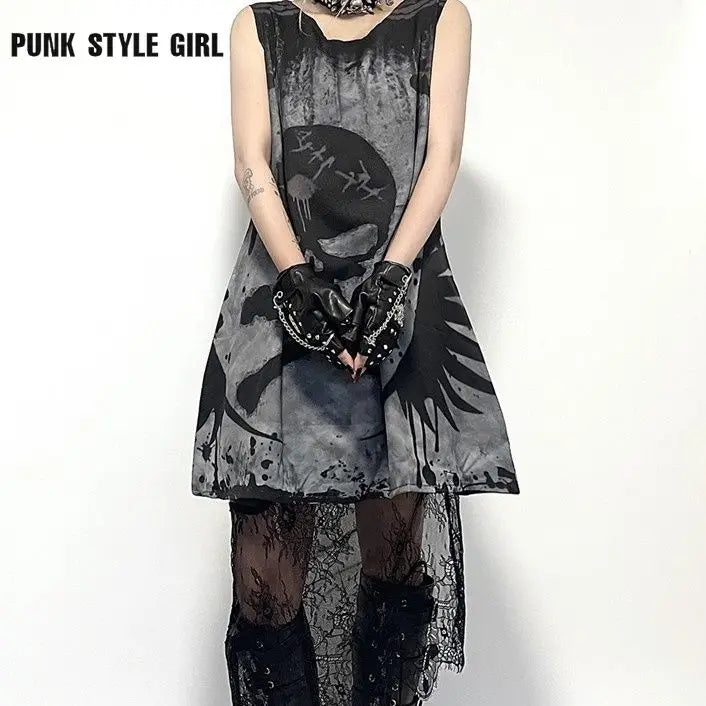 Gothic Punk Rock Skull Dress | Y2K Emo Fairy Grunge Mini Dress | Dark Academia Aesthetic Long Shirt for Halloween