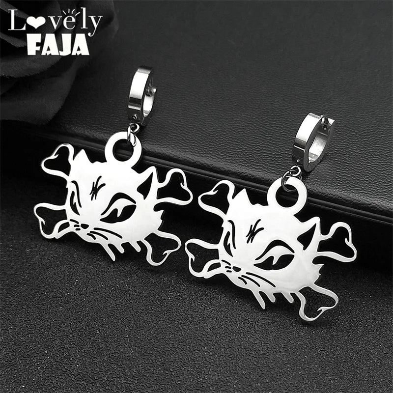 Vintage Silver Color Cat Head Bone Hoop Earrings for Women Men Stainless Steel Gothic Jewelry Hollow Animal Drop Earring Gift