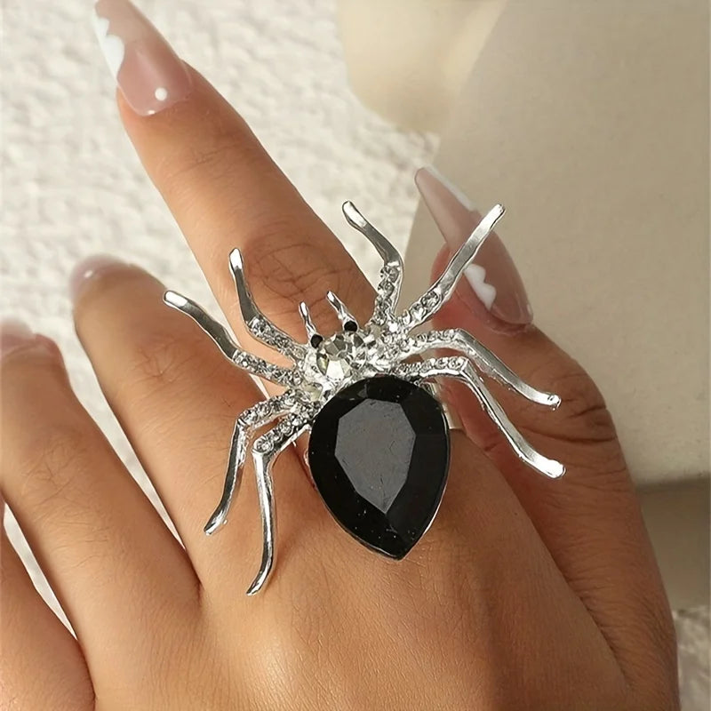 Gothic Spider Rhinestone Ring Black Red Stone Ring for Women